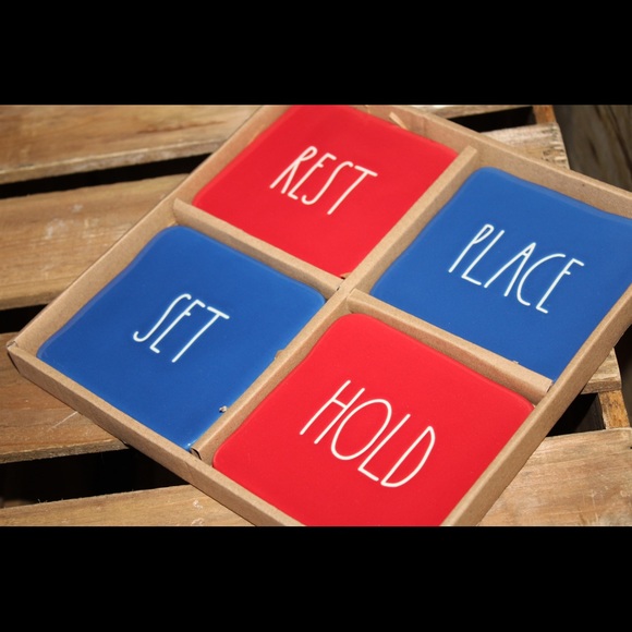 RAE DUNN REST/SET/HOLD/PLACE red/blue ceramic coaster set NIB - Picture 10 of 15